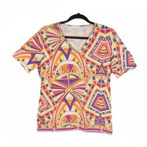 Vintage 90s Emilio Pucci Abstract Print Stretch Jersey Orange Pink Top